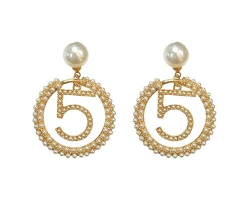 Elegantly Simple Pearl Number 5 Circle Earrings Gold