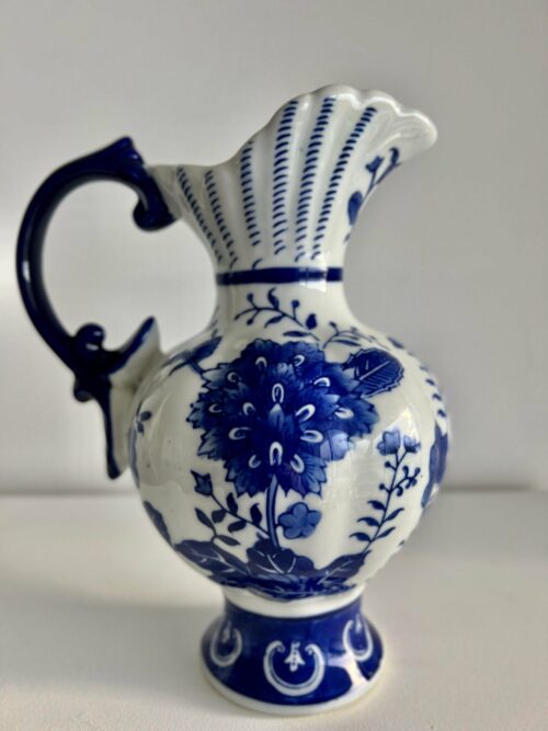 Chinoiserie Blue Scroll Ceramic Cobalt Blue and White Pitcher - Image 2