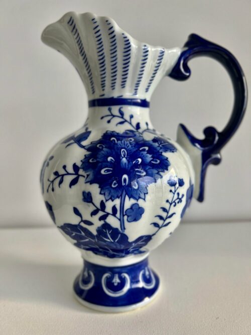 Chinoiserie Blue Scroll Ceramic Cobalt Blue and White Pitcher - Image 4