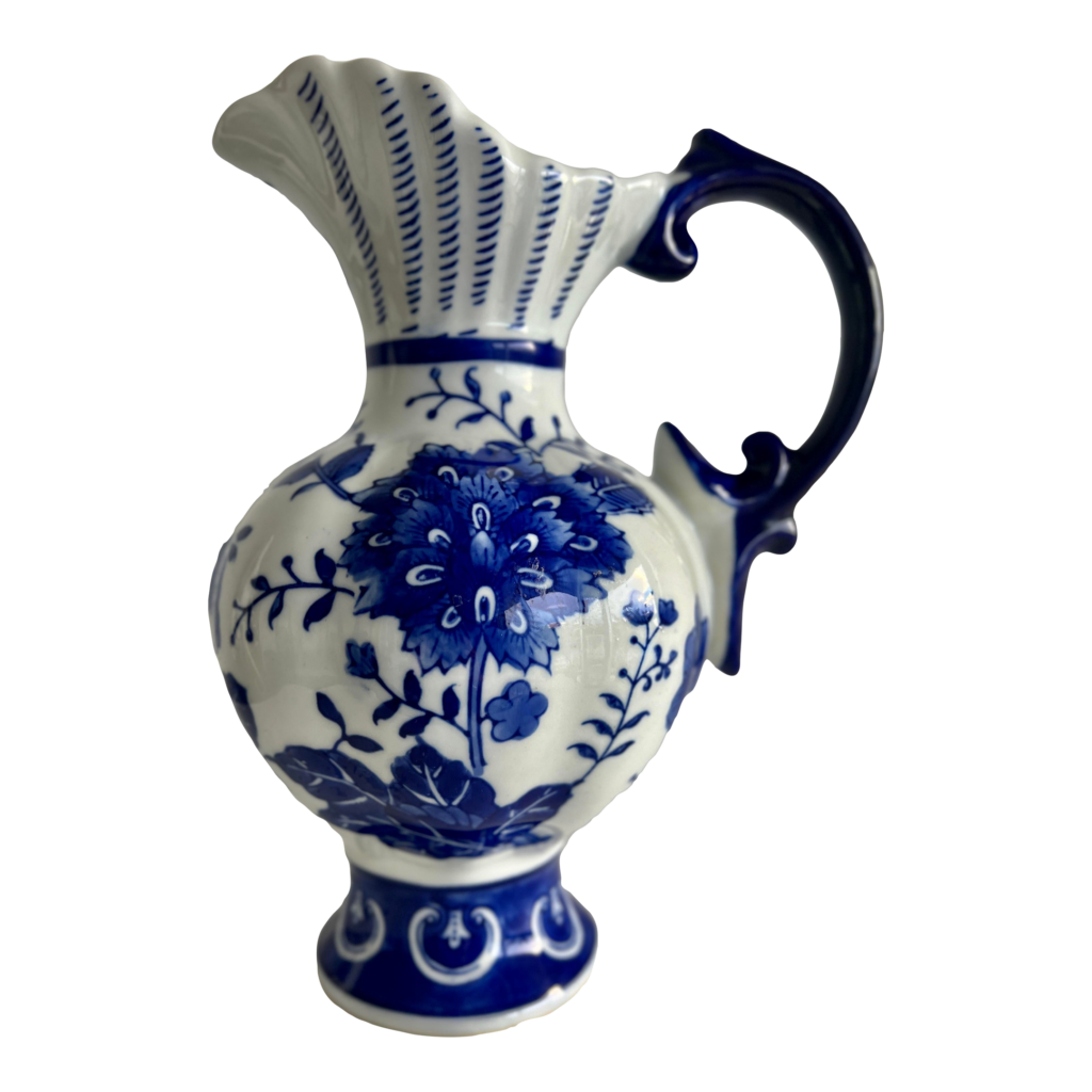 Chinoiserie Blue Scroll Ceramic Cobalt Blue & White Pitcher