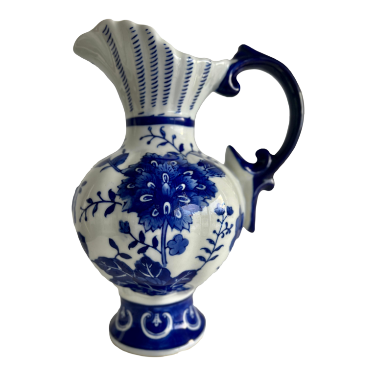 Chinoiserie Blue Scroll Ceramic Cobalt Blue & White Pitcher