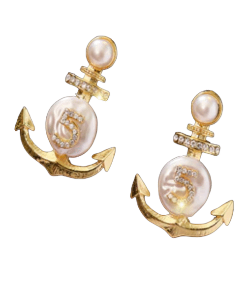 Anchor "5" Earrings Pearl and Gold Fashion Earrings | Nautical Earrings | Gold Anchor Earrings - Image 2