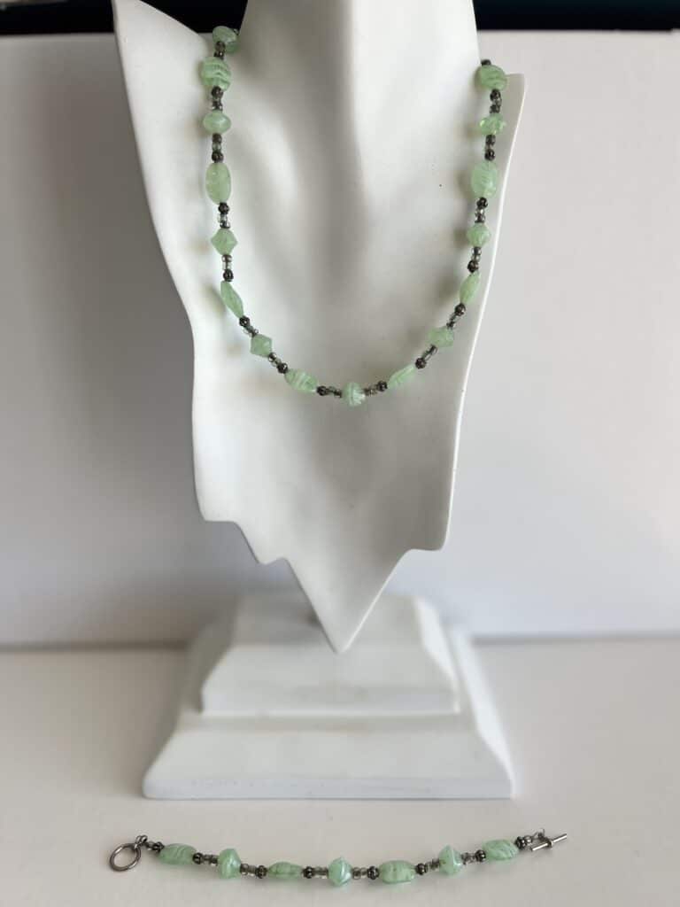 Jadeite Green Glass Bead Necklace And Bracelet Set | Jadite Necklace | Green Jadite Bracelet