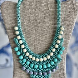 Vintage Tube Wire Mesh Necklace Turquoise Aqua Purple White Art Deco 17"L x 2.5" Drop