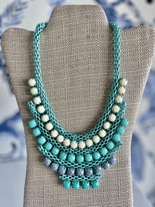 Vintage Tube Wire Mesh Necklace Turquoise Aqua Purple White Art Deco 17"L x 2.5" Drop