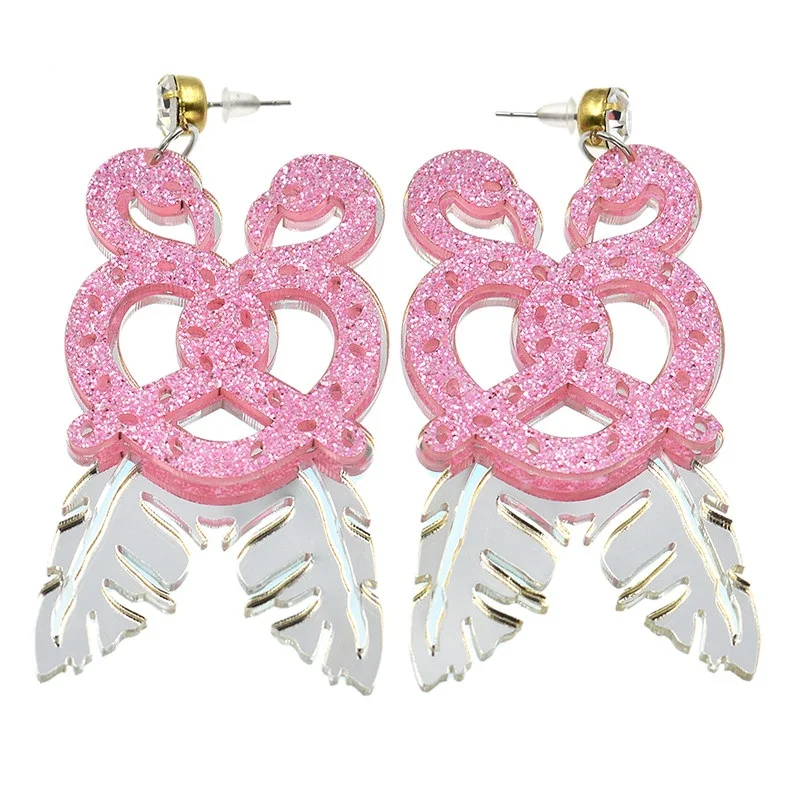 Twisted Love | Acrylic Mirror Leaf & Pink Flamingo Earrings