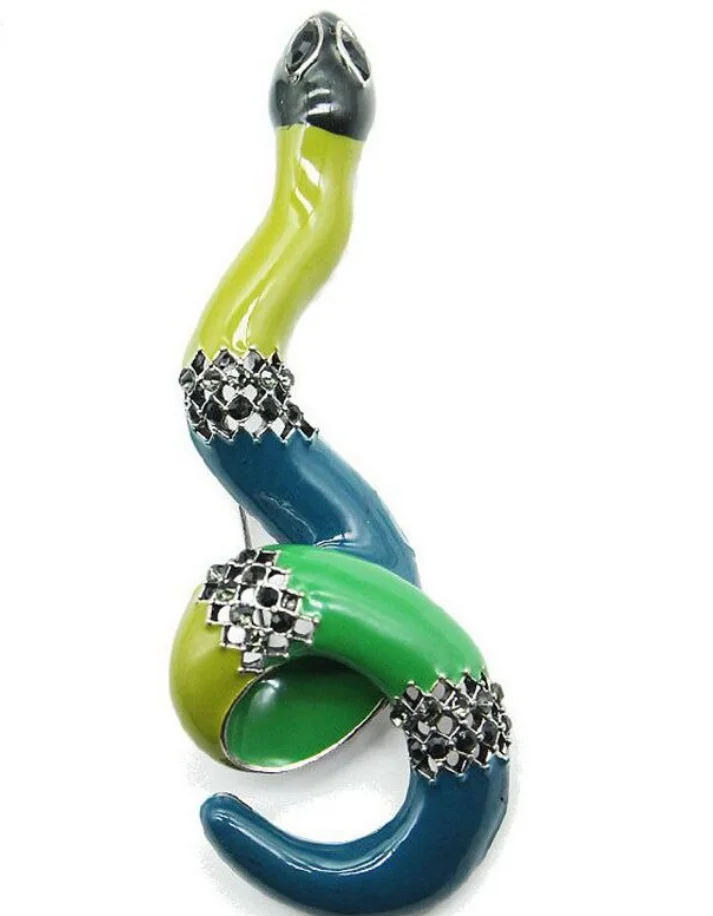 Art Deco Multi-Colored Snake Brooch w/ Black Rhinestones