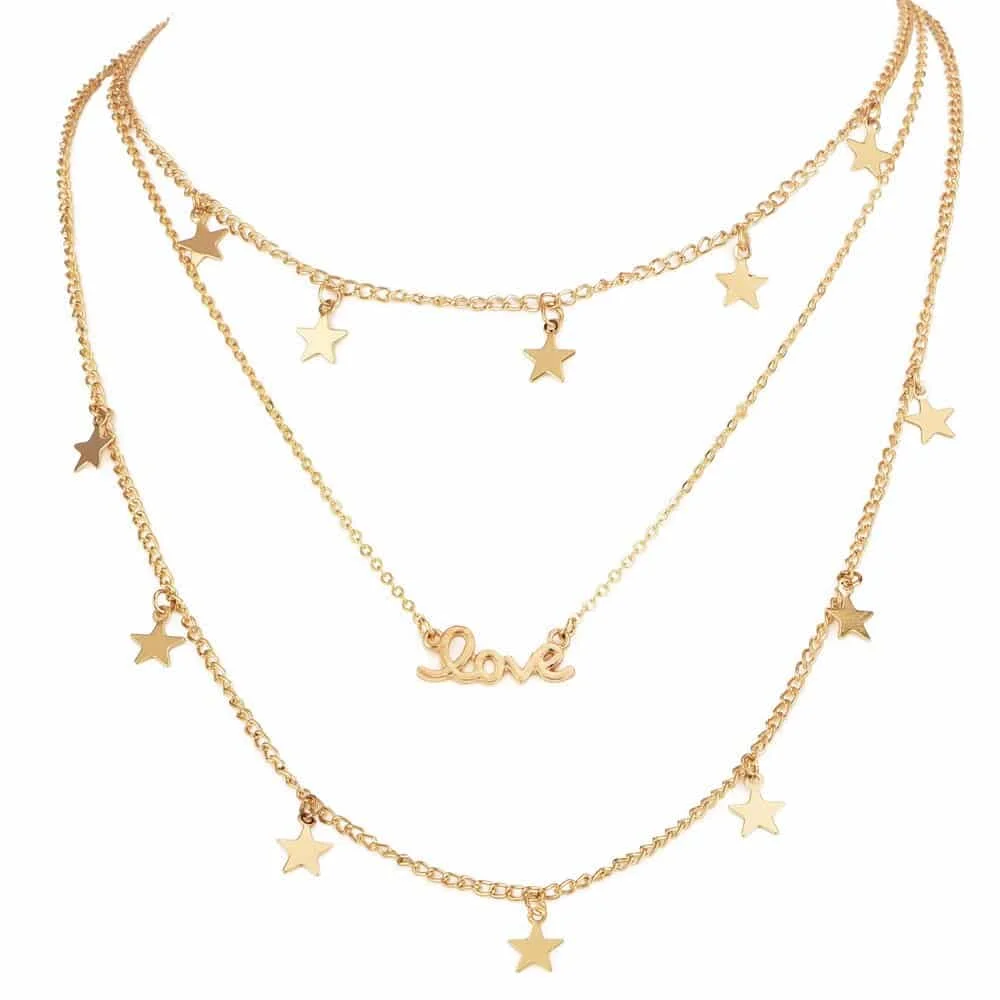 Stunning Stars In Love 3-Strand Layered Stars Love Necklace